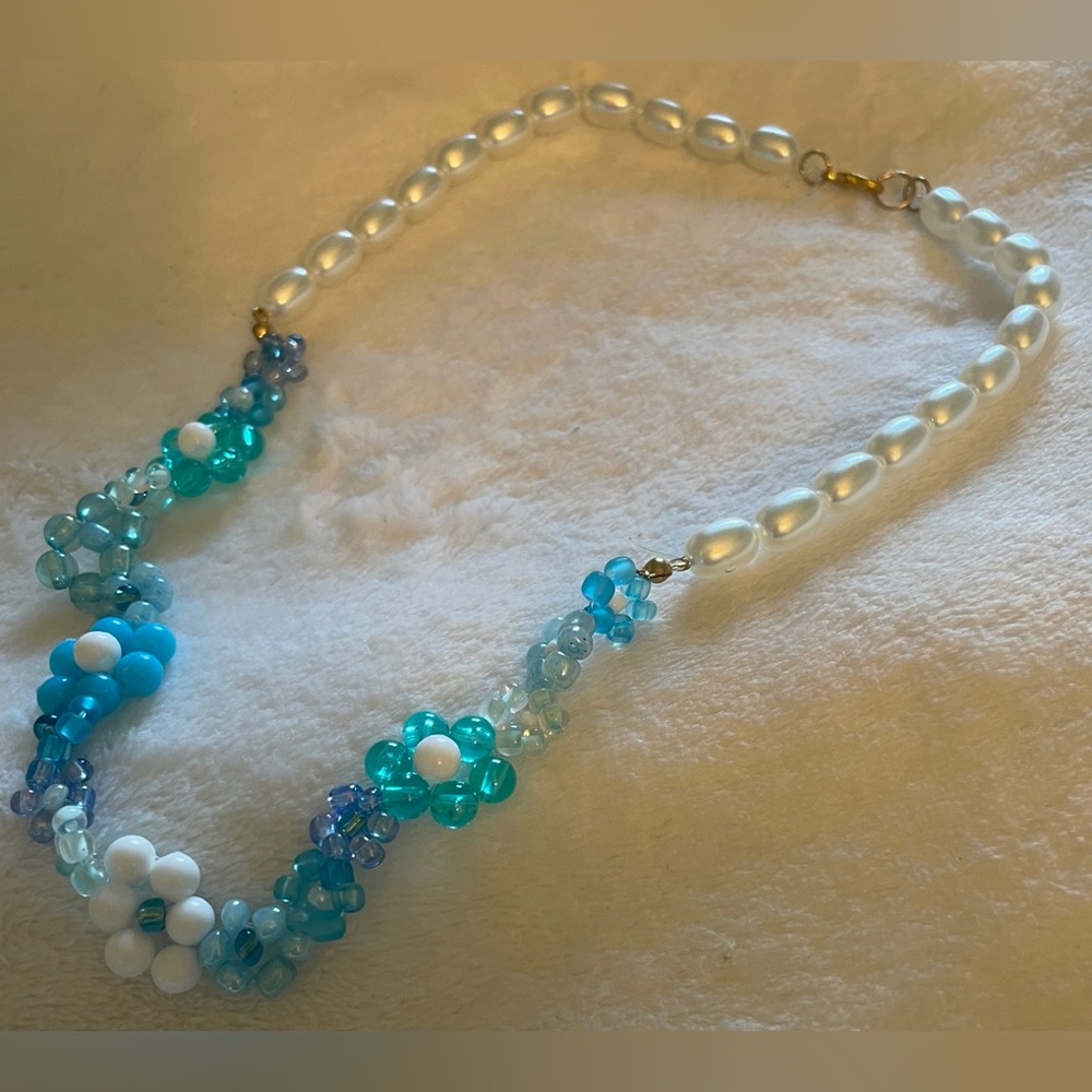 Handmade blue flower and pearl necklace